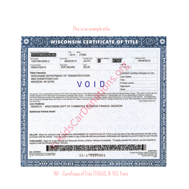 This is an Example of Wisconsin Certificate of Title (T055S, 8-10) Front View | Kids Car Donations